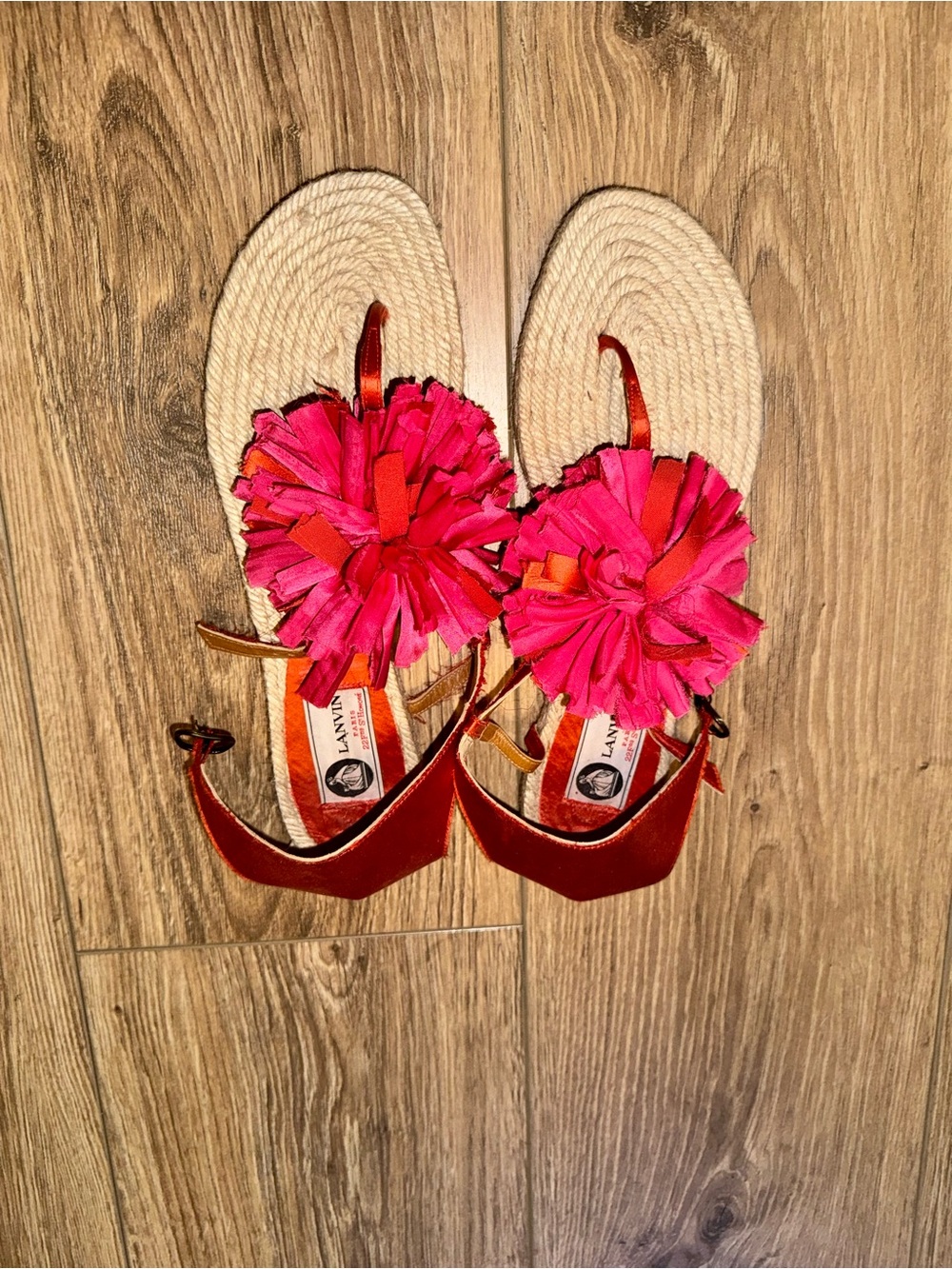 Lanvin Pink and Red Pom Pom Sandals